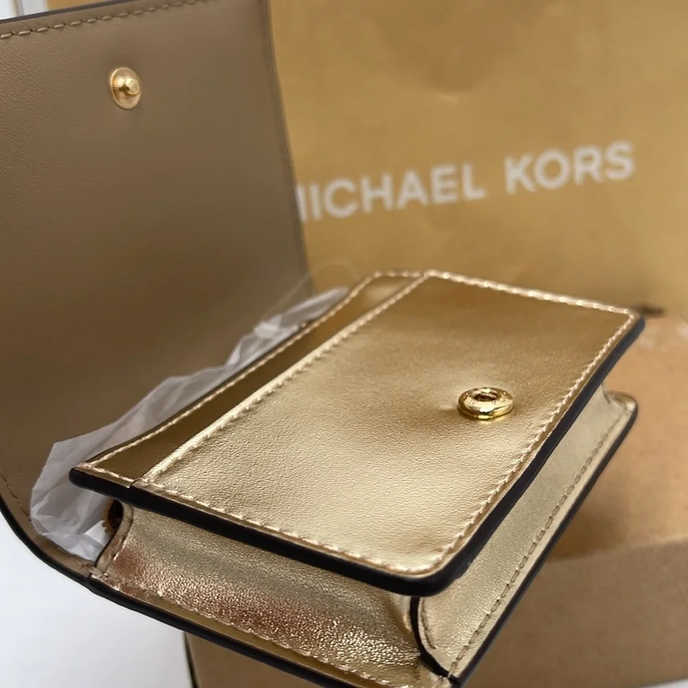 MICHAEL KORS Carson Small Metallic Pebbled Leather Wallet Pale Gold  NWT